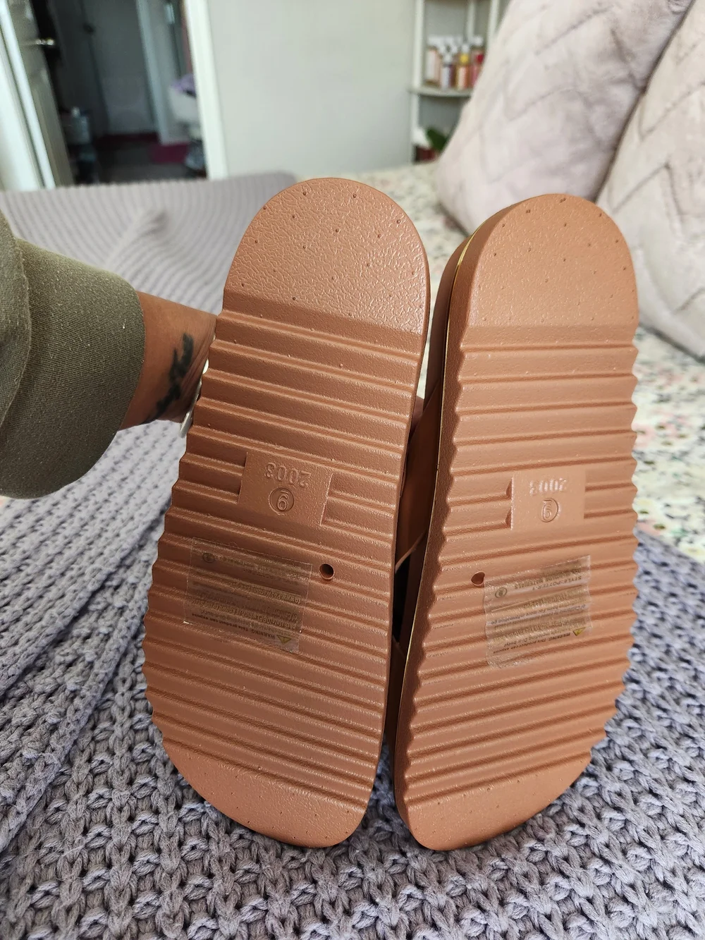 TOP Moda tan buckle slide mules with gold trim